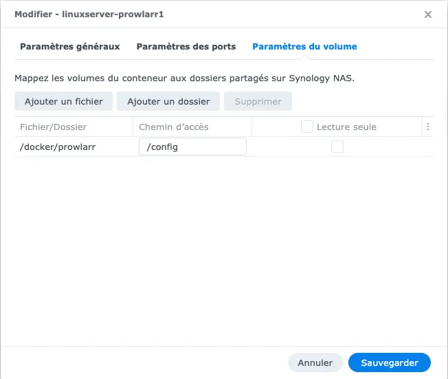 Mappage des volumes Prowlarr