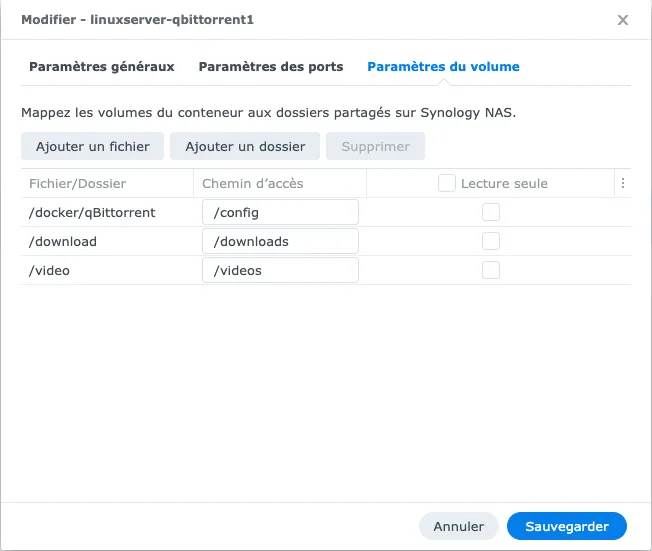 Mappage des volumes qBittorrent