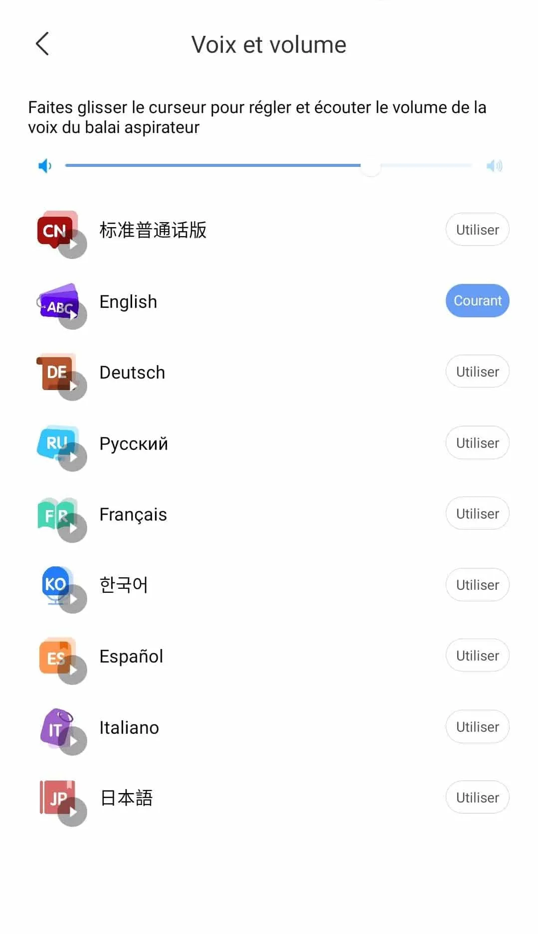 Pour que l’aspirateur parle en français il suffit de télécharger le pack de langue