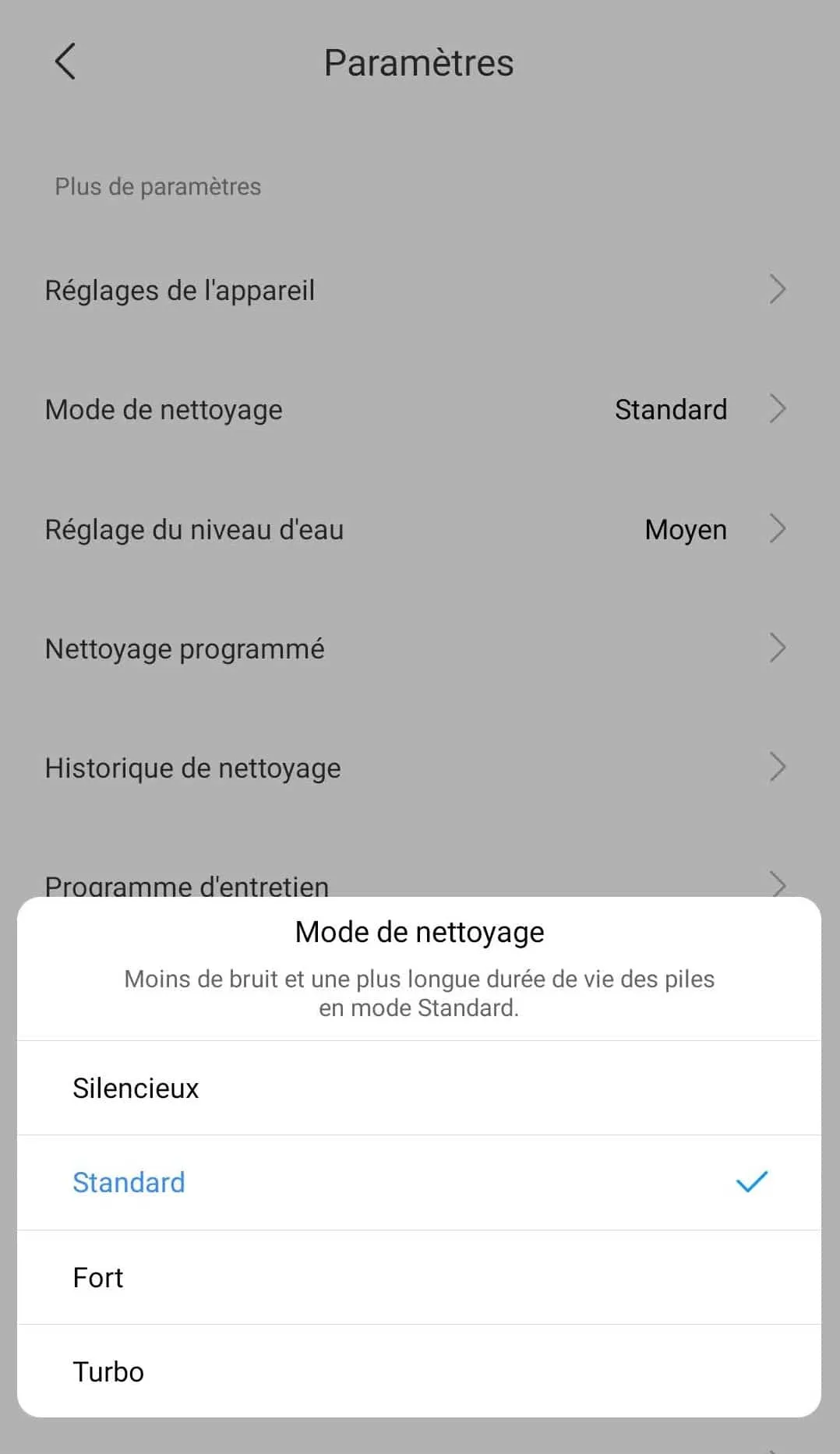 Le mode de nettoyage influx sur le temps, la puissance et le niveau sonore du nettoyage