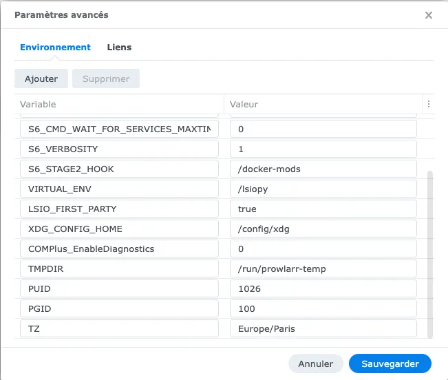Variables d’environnement Prowlarr