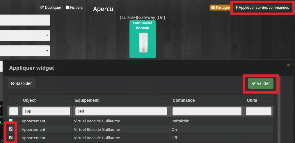 Associer le Widget personnalisé à une commande Jeedom